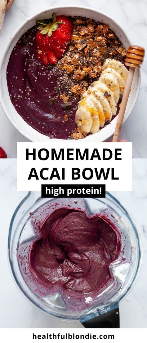 The most refreshing, homemade high protein acai bowl with over 39 grams of protein and made with banana, blueberries, acai powder, and Greek yogurt. Top with your favorite granola for the perfect healthy breakfast, snack, or dessert! Homemade Acai Bowl Recipe, Homemade Acai Bowl, Acai Bowl Recipe, Acai Bowls Recipe, Healthy Afternoon Snacks, Perfect Healthy Breakfast, Acai Bowls, Smoothie Bowl Recipe, Afternoon Snack