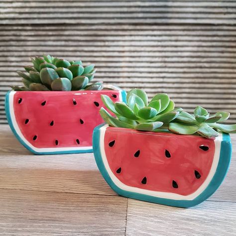 Ｄｅｓｉｇｎｅｒ  Ｄｉｒｔ on Instagram: “WATERMELON PLANTERS More cuteness! Planters available in two sizes 65mm tall x 120mm wide  90mm tall x 160mm wide . . . . . #designerdirt…” Painted Jewelry Boxes, Clay Planters, Diy Bottle Crafts, Diy Summer, Ceramics Ideas, Painted Jewelry, Diy Bottle, Ceramics Ideas Pottery, Summer Diy