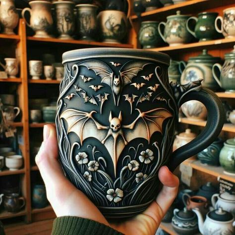 Handmade Coffee Mugs, Gothic Mug, Halloween Ceramics Ideas, Gothic Pottery, Facts About Halloween, Witch Home Decor, Home Pottery, Halloween Facts, Gothic Furniture