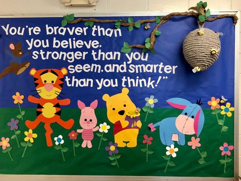 Winnie the Pooh bulletin board Winnie The Pooh Ra Bulletin Boards, Winnie The Pooh Door Decorations, Winnie The Pooh Classroom Door, Winnie The Pooh Classroom Decorations, Disney Back To School Bulletin Boards, Disney Classroom Bulletin Boards, Disney Themed Bulletin Boards, Bulletin Board Ideas Disney, Winnie The Pooh Bulletin Board