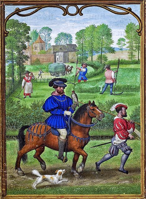 Simon Bening - Hennessy hours - Brussels KIK IRPA ms II 158 fol-7 v July Falcon Hunting, Royal Library, Historical Warriors, Early Modern Period, Hunting Scene, Late Middle Ages, Medieval Life, Book Of Hours, Medieval Manuscript