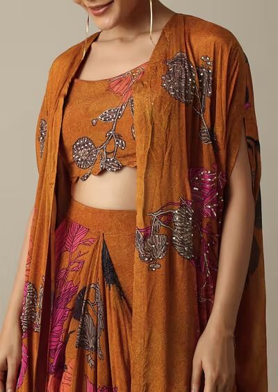 Blossom Orange Floral Printed Sequence Embroidered Crop Top With Jacket And Dhoti Skirt Set Crop Top With Jacket, Top With Jacket, Dhoti Skirt, Kids Bridal, Trendy Outfits Indian, Kalki Fashion, Dhoti Pants, Embroidered Crop Tops, Beaded Jewelry Tutorials