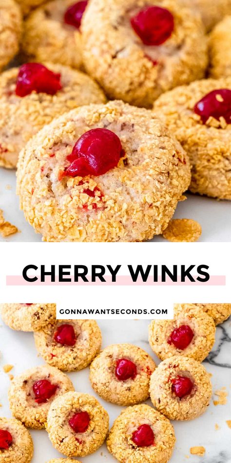 *NEW* These vintage cherry winks are buttery little cookies that are both chewy and crunchy. It's loaded with fruit and nuts, then rolled in crunchy cornflakes! #cherrycookies #cookies Cherry Winks Cookie Recipe, Cherry Winks, Fruity Cookies, Cherry Cookies, Cookie Recipes Homemade, Delicious Deserts, Vintage Cherry, Buttery Cookies, Best Cookie Recipes