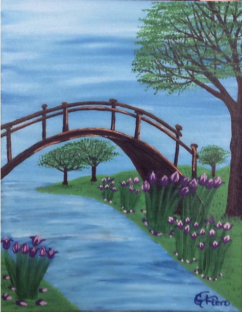 Brown Bridge and Purple Tulips Acrylic Painting by G Fiero Easy Nature Paintings, Drawing Rocks, Easy Landscape Paintings, Bridge Painting, Landscape Painting Tutorial, Birthday Card Drawing, Bad Girl Wallpaper, Fused Glass Artwork, Garden Drawing