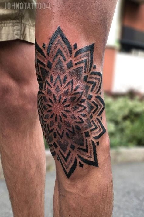 Tattoo On The Knee, Knee Mandala, Dotwork Mandala Tattoo, Mandala Tattoo Leg, Tattoo Stockholm, Geometric Tattoo Leg, Geometric Dotwork, Mandala Tattoo Men, Dotwork Tattoo Mandala