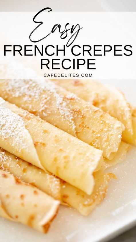 This is an easy French Crepes recipe. Similar to American pancakes, French crepes may have a familiar flavour, but they are different in size and texture. Crepes are thinner, softer, and more delicate. After making them once, you will perfect your homemade crepes making every time after. Make them for breakfast, brunch, lunch, dinner, or dessert! Crepes Recipe For One, Simple French Crepes, Simple French Crepe Recipe, French Pancakes Crepes, Crepes Easy Recipe, Make Crepes At Home, Crepe Recipes Easy, Crepes For Two, Quick Crepe Recipe