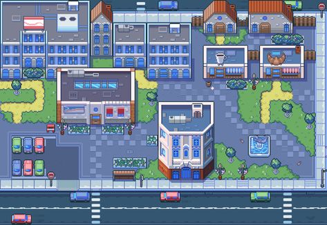 Clean City Asset Pack - 2D Art - itch.io Top Down Building Pixel Art, Top Down City Pixel Art, Topdown Pixelart, Building Pixel Art, 2d Game Design, Pixel Art Map, Pixel Art Building, City Pixel Art, Rpg City