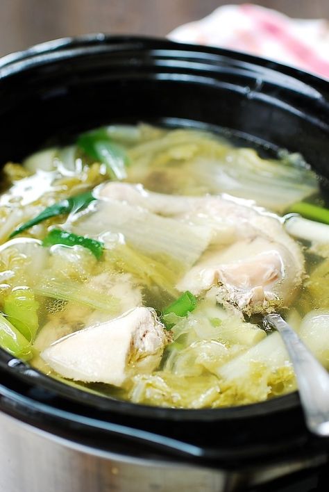 Slow Cooker Chicken Soup with Napa Cabbage Cabbage Chicken Soup, Napa Cabbage Soup, Korean Chicken Soup, Slow Cooker Chicken Soup, Korean Soup Recipes, Napa Cabbage Recipes, Cabbage Soup Recipe, Korean Soup, Chinese Kool