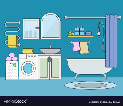 Bathroom With Blue Walls, Washing Machine Sink, Bathroom Clipart, Building Clipart, Bathroom Illustration, House App, Dark Room Photography, Flat Vector Illustration, Mirror Bathroom