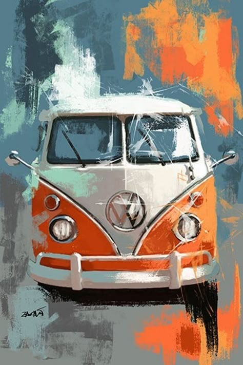 Volkswagen Bus Art, Arte Pin Up, Bus Art, Vw Art, Vintage Vw Bus, Automotive Artwork, Soyut Sanat Tabloları, Volkswagen Bus, Automotive Art