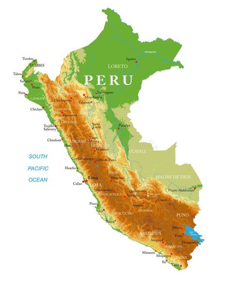 Peru-highly detailed physical map vector illustration Cities Illustration, America Outline, Ecuador Map, Peru Map, Ocean Drawing, Mexico Map, Physical Map, Mountain Silhouette, Big Cities