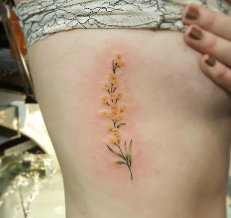 Goldenrod tattoo Kentucky flower Goldenrod Tattoo Simple, Solidago Tattoo, Prairie Flower Tattoo, Yellow Tattoos, Mustard Seed Flower Tattoo, Goldenrod Flower Tattoo, Yellow Flowers Tattoo, Golden Rod Flower Tattoo, Golden Flower Tattoo