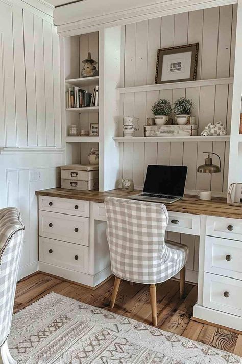 Sunroom Office Ideas, Built In Desk And Shelves, Office Layouts, Cottage Office, Country Office, Office Built Ins, Loft Office, Lake Houses, Dream Library