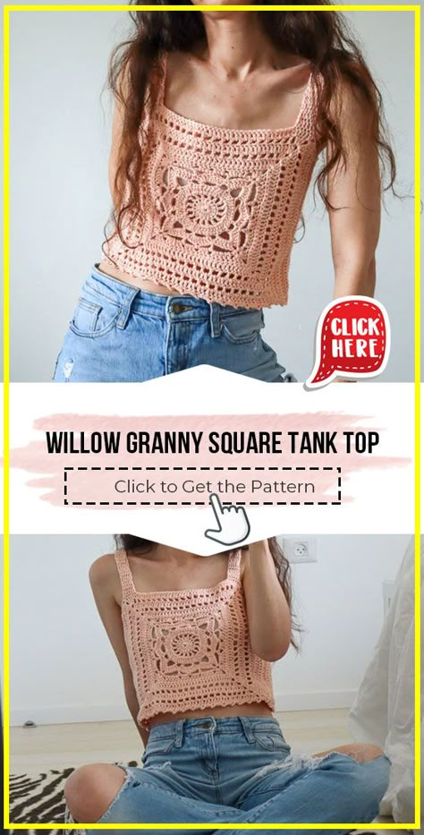 Willow Granny Square, Granny Square Tank Top, Granny Square Tank, Crochet Crop Top Pattern Free, Square Tank Top, Crochet Tank Top Free, Crochet Granny Square Tutorial, Crochet Tank Tops, Crochet Boho Top