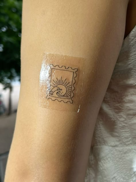 Small Fun Tattoos Men, Ocean Theme Patchwork Tattoo, Minimalist Beachy Tattoos, Sunset Stamp Tattoo, Beach Postage Stamp Tattoo, Small Summer Tattoo Ideas, Beach Tattoo Ideas Sleeve, Stamps Tattoo Ideas, Beach Patchwork Tattoo