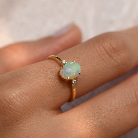 Opal Ring Simple, 14k Gold Opal Ring, Yellow Gold Opal Ring, Vintage Opal Engagement Ring, Delicate Gold Ring, Gold Opal Ring, Opal Band, Ethiopian Opal Ring, Opal Engagement Ring