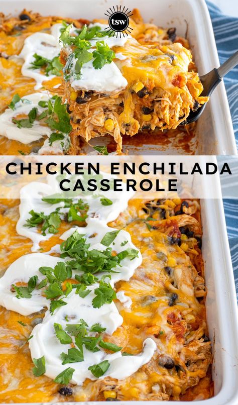 Chicken Enchilada Casserole | The Schmidty Wife Baked Chicken Enchilada Casserole, Dinner Ideas Chicken Enchiladas, Chicken Enchilada Casserole No Tortilla, Deconstructed Chicken Enchiladas, Chicken Black Bean Enchilada Casserole, Yum Yum Chicken Casserole, Dinner Ideas Enchiladas, Healthy Meal Prep Casserole Recipes, Rotisserie Chicken Recipes Enchiladas