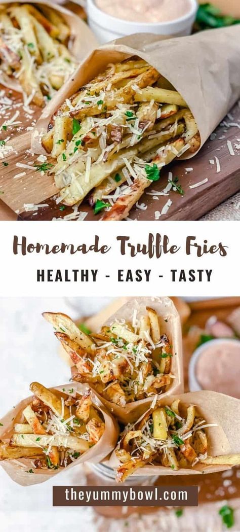 This recipe for Homemade Parmesan Truffle Fries is so good, no frying, easy and quick! Paired with delicious sweet paprika dipping sauce makes it a beautiful lazy evening dinner meal.  #TRUFFLEFRIES #easytrufflefries #trufflefriesdippingsauce #trufflefriesrecipe #homemadefriesrecipe The Yummy Bowl Parmesan Truffle Fries, Yummy Bowl, Parmesan Fries, Homemade Truffles, Homemade Fries, Recipes For The Whole Family, Sweet Paprika, Truffle Fries, Evening Dinner