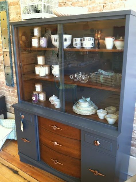 adourn: mid-century hutch Modern Hutch Makeover, Mid Century Modern Furniture Redo, Mcm Hutch, Refurbished Kitchen Tables, Mid Century Modern Hutch, Mid Century Modern China Cabinet, Mid Century Hutch, China Cabinet Ideas, Refurbished Kitchen