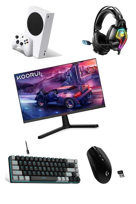 xbox series s, gaming headset with mic, gaming mouse with two extra side mouse buttons, gaming keyboard with RGB lighting, & an AV panel gaming monitor. Xbox Setup Ideas, Xbox Gaming Setup Bedroom, Xbox Gaming Room, Xbox Gaming Setup, Xbox Setup, Gaming Setup Bedroom, Setup Pc, Image Dbz, Anime Cover