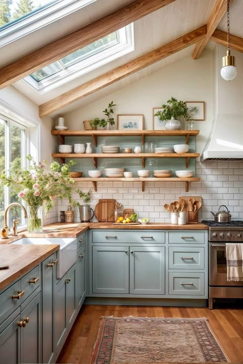 Cozy Cottage Kitchen, Galley Kitchens, Cottage Kitchens, Kitchen Inspiration Design, Cottage Kitchen, Kitchen Makeover, Cozy Cottage, Wooden Shelves, Ideas Kitchen