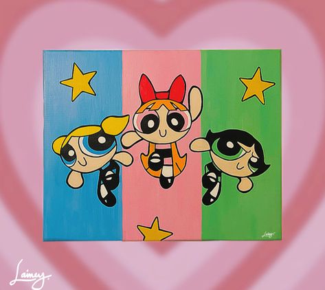 Acrylic Paint. Powerpuff Girls. Canvas. Cartoon Canvas Painting Power Puff, Powerpuff Canvas Painting, Powerpuff Girls Canvas Painting, Powerpuff Girl Painting, Power Puff Girls Painting, Powerpuff Drawing, Powerpuff Girls Painting, Cartoon Acrylic Painting, 90s Cartoon Canvas Painting