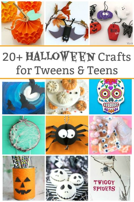 A creative collection of cool Halloween crafts for tweens and teens to make. All the pumpkins, spiders, bats and ghost crafts you can handle. #halloweencraftsfortweenstomake #halloweencraftdecorations #halloweenDIYcrafts #halloweencraftsforkidseasy #halloweencrafts #tweencrafts #teencrafts #craftsfortweens #craftsforteens Halloween Crafts For Teens, Mason Jar Halloween Crafts, Quick Halloween Crafts, Halloween Craft Ideas, Halloween Craft Kits, Halloween Art Projects, Ghost Crafts, Teen Halloween, Dollar Store Halloween