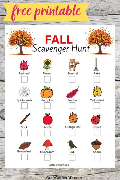 Fall scavenger hunt Fall Activity For Kids, Nature Walk Scavenger Hunt, Preschool Scavenger Hunt, Fall Scavenger Hunt, Cub Scout Activities, Halloween Scavenger Hunt, Free Printable Crafts, Kids Fall Crafts, Fall Activity