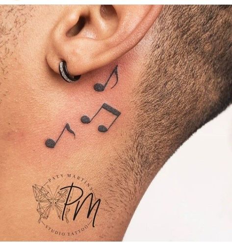 Music Neck Tattoo Men, Tato Music, Neck Tattoo Music, Music Neck Tattoo, Behind The Neck Tattoos, Owl Neck Tattoo, Small Music Tattoos, Behind Ear Tattoos, Music Notes Tattoo