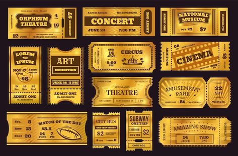 Golden tickets, old vintage coupons, pre... | Premium Vector #Freepik #vector #golden-ticket #movie-ticket #gold-ticket #cinema-ticket Amusement Park Entrance, Blank Ticket Template, Old Ticket, Vintage Train Ticket, Gold Ticket, Vintage Tickets, Retro Cinema, Carnival Tickets, Park Entrance