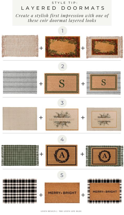 layered doormat ideas for the holidays. front door layered coir doormats. Christmas doormat. coir welcome mat. scatter rug front door mat. plaid door rug. Layering Door Mats, Front Door Rug Ideas, Front Porch Rug Layering, Layered Door Mat Ideas, Front Door Mat Ideas, Layered Doormat, Doormat Ideas, Christmas Door Mat, Front Door Rugs