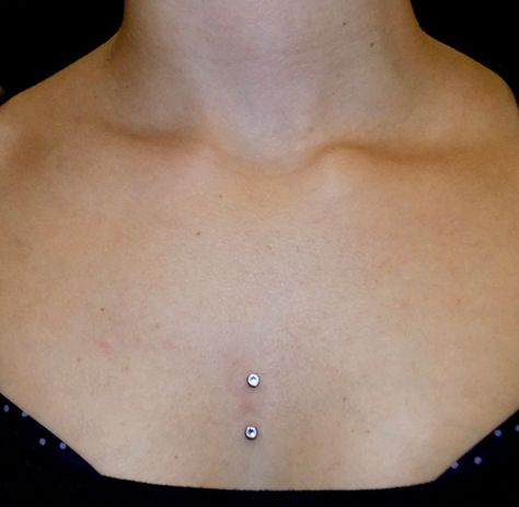 Sternum Surface Piercing with I.S. 3mm CZ Flat Back Threaded Ends Surface Dermal Piercing, Dermal Placement Ideas, Piercing Between Breast, Sternum Piercing Dermal, Sternum Piercing Surface, Chest Surface Piercing, Sternum Piercing, Piercing Between Breast Chest Piece, Chest Piercings For Women