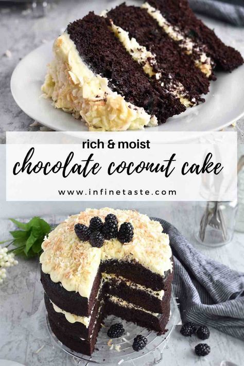 Chocolate Coconut Cream Cake, Chocolate Cake With Coconut Filling, Dark Chocolate Coconut Cake, Coconut Chocolate Cake Recipe, Chocolate And Coconut Cake, Coconut Cake Filling, Chocolate Coconut Desserts, Coconut Torte, Easy Coconut Cake