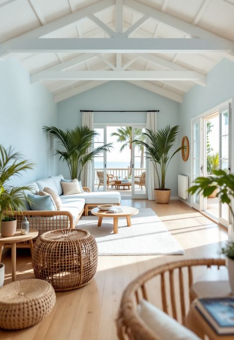 Beach Modern Coastal Living Room Beachy Interior Design Living Room, Natural Colour Home Decor, Coastal Plant Decor, Modern Beach Apartment Interior Design, Colourful Coastal Interior, Coastal Beach Living Room, Beach Living Room Aesthetic, Seaside Apartment Interior Design, Beachy Coastal Living Room Ideas