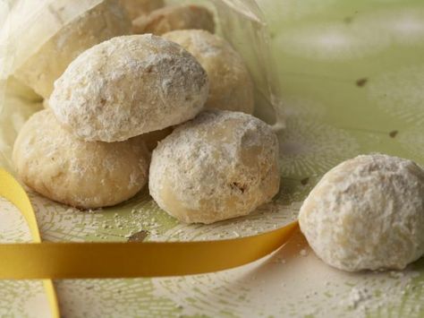 Get Kourabiedes (Greece): Walnut Sugar Cookies Recipe from Food Network Nz Recipes, Berry Desserts, Sugar Biscuits, Holiday Goodies, Cakes Recipes, Butter Cookies Recipe, Giada De Laurentiis, Baked Goodies, Mexican Wedding