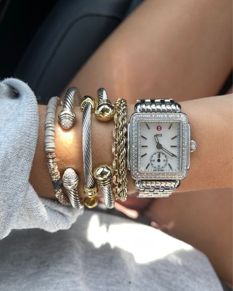 Bracelet Stack With Watch, Designer Bracelet Stack, Silver Wrist Watch, David Yurman Cable Bracelet, Chunky Silver Jewellery, Michele Watch, Apple Watch Bracelet, Statement Earrings Gold, Michele Watches