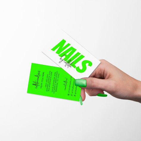 Retro Simple Neon Green Nail Tech Business Card Blocky Font, Nail Tech Business, Tech Business Card, Nail Tech Business Cards, Green Business Card, Watercolor Business, Mobile Nails, Neon Green Nails, Watercolor Business Cards