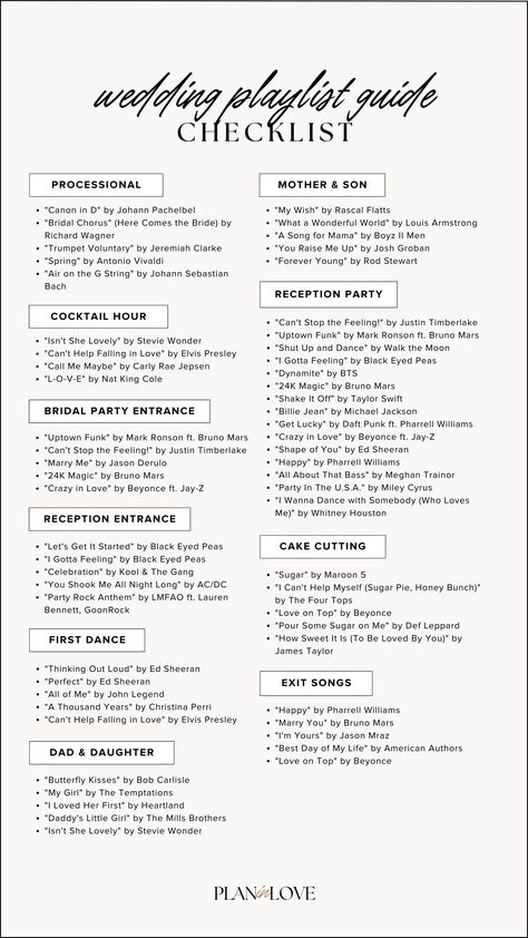 wedding guide | wedding guide check list | wedding music | wedding song ideas | wedding planning  | wedding day moments | wedding planning tools | wedding journey | wedding | plan in love Music Playlist For Wedding, Christian Wedding Songs Reception, Dance Order For Wedding Reception, Music To Play Before Wedding Ceremony, Songs Needed For Wedding List Of, Black Wedding Playlist, Wedding Playlist Checklist, Wedding Song Order, Wedding Reception Schedule Of Events