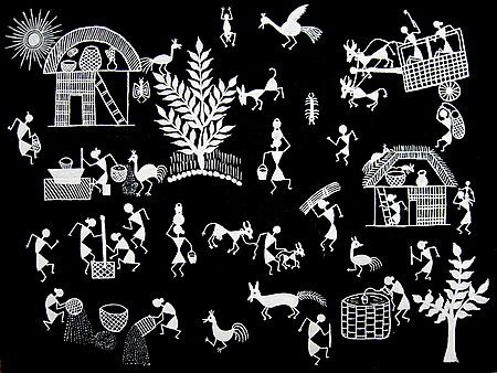 Warli - Art from India depicting everyday's life Traditional Warli Art, Basic Warli Art, Warli Drawing, Farming Warli Art, Warli Art House, Warli Designs, Warli Village Scene, Warli Paintings, Worli Painting