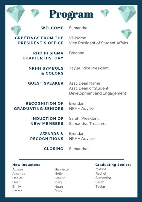 NRHH Induction Ceremony program template. Last names and personal information taken out. Created on Canva. Honors Society Induction, School Awards Ceremony, Ceremony Template, Personal Development Plan Example, Ceremony Program Template, Sunday School Coloring Pages, Dean Of Students, National Honor Society, Induction Ceremony