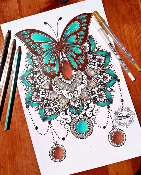 Mandala Pencil and Ink Drawing. Mandala Drawing Ideas Creative Beautiful, Pencil Color Mandala Art, Mandala Art Ideas Creative, Mandala Drawing Colourful, Mandela Art Colorful, Mandala Art Colorful, Mandala Drawing Butterfly, Butterfly Drawing Mandala Art, Butterfly Mandala Design