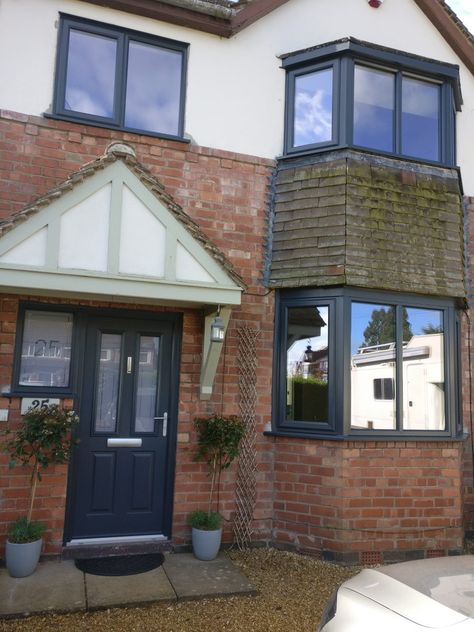 Anthracite grey windows and doors - Aztec Windows (Coventry) Ltd Anthracite Windows, Anthracite Grey Windows, Grey Window Frames, 1930s House Extension, Pebble Dash, Grey Windows, Red Front Door, 1930s House, Grey Exterior