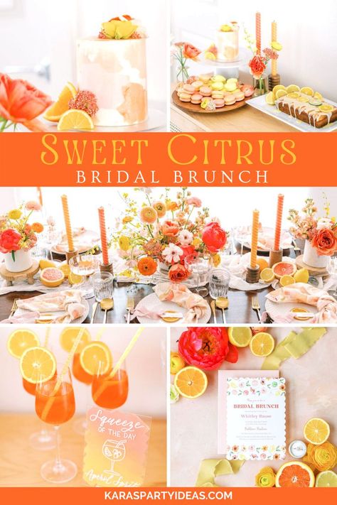 Orange Citrus Themed Bridal Shower Ideas, Citrus Bridal Shower Balloon Arch, Citrus Bridal Shower Desserts, Citrus Decor Wedding, Summer Citrus Theme Party, Grapefruit Theme Party, Citrus Themed Engagement Party, Grapefruit Bridal Shower Theme, Citrus Tea Party