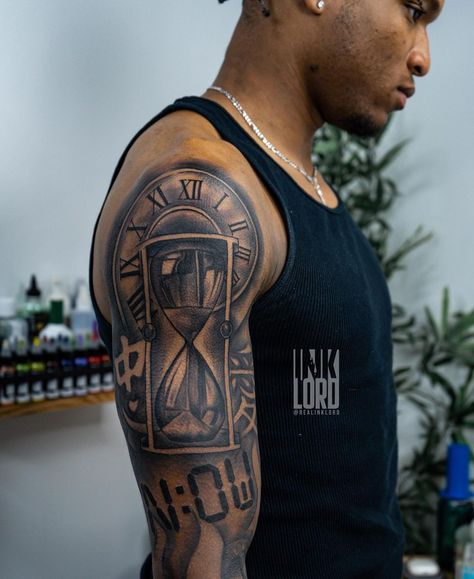 Top Arm Sleeve Tattoo For Men, Basketball Shoulder Tattoos, Time Now Tattoo, Now Digital Clock Tattoo, Now Tattoo Time, Should Tattoo Men, Arm Tattoo Men Biceps, Now Time Tattoo, Time Is Priceless Tattoo