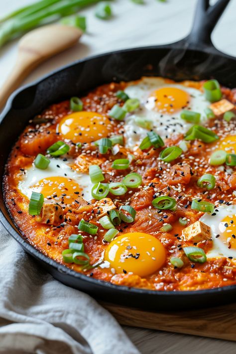 Unleash Exotic Flavors: Korean Kimchi Shakshuka with Gochujang and Tofu Recipe #mediterraneandiet Central Asian Recipes, Kimchi Meals Healthy, Kimchi Meal Ideas, Kimchi Shakshuka, Kimchi Recipes Dinner, Cooking With Kimchi, Gochujang Breakfast, Meals With Kimchi, Korean Healthy Recipes