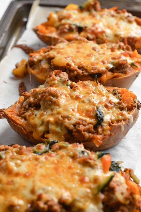 Easy Weeknight Turkey Stuffed Sweet Potatoes - Nourished by Nic Stuffed Sweet Potatoes, Potato Skins, Ground Turkey Recipes, Sweet Potato Recipes, Ground Turkey, Sweet Potatoes, Turkey Recipes, Weeknight Meals, Me Time