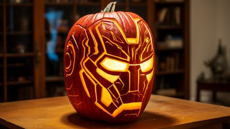 Be the Hero of Halloween: Iron Man Pumpkins That Steal the Show - Watching Fireflies Iron Man Pumpkin, Iron Man Mask, Glow Pumpkin, Iron Man Helmet, Arc Reactor, Stark Industries, Pumpkin Stencil, Industry Logo, Halloween Displays