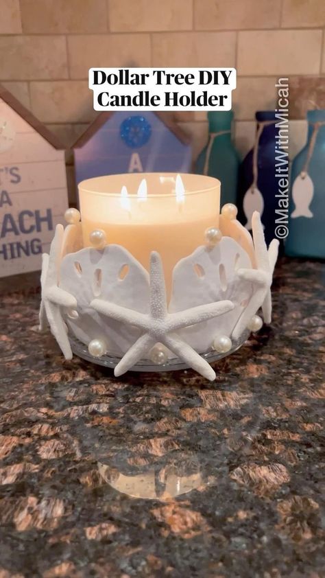 Dollar Tree DIY Candle Holder, Nautical DIY Home Decor, Beach Theme in 2022 | Dollar tree crafts, Diy candles, Dollar tree diy candle Cute Diy Beach Decor, Dollar Store Beach Decor, Diy Beach Gifts Ideas, Dollar Store Beach Hacks, Dollar Tree Mermaid Decor, Diy Candle Plate, Beach Diy Decor Craft Projects, Dollar Tree Beach Crafts, Beachy Diy Decor