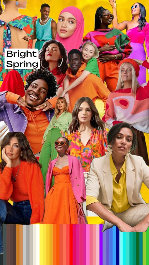 Bright Spring outfit and colour inspiration ✨ The Bright Spring palette is bright, warm and clear! #brightspring #coloranalysis #colouranalysis Bright Spring Palette, Bright Spring Color Palette, Bright Spring Clothes, True Spring Colors, Bright Colored Outfits, Clear Spring, Spring Palette, Spring Color Palette, Colour Inspiration