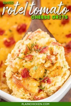 Baked Rotel Tomato Cheese Grits - quick side dish recipe that is great for breakfast, lunch or dinner. Super easy to make and ready in 40 minutes. Grits, cheese, butter, eggs, and Rotel diced tomatoes and green chiles - these grits are to-die-for! If you've never tried grits, this is the recipe to make you fall in love with them! Can make in advance & refrigerate overnight or freeze. #grits #rotel #cheese #casserole Cheesy Grits Recipe Pioneer Woman, Leftover Grits What To Do With, Grits Cheese, Rotel Cheese, Cheese Grits Casserole, Cheese Grits Recipe, How To Cook Grits, Tomato Cheese, Cajun Dishes